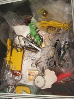 Locking Storage Box of Old Key Chains, Buttons, Aladdin Gathering Lapel Pins, etc.