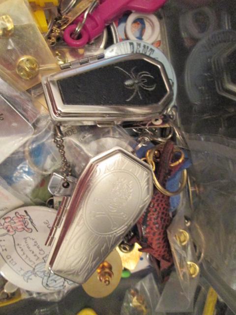 Locking Storage Box of Old Key Chains, Buttons, Aladdin Gathering Lapel Pins, etc.