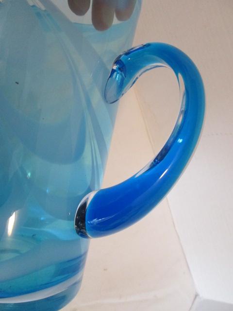 Tall Blue and White Swirl Art Glass Pitcher