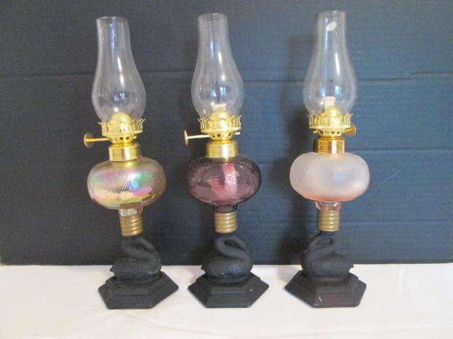 Three 1989 Heartlights Small Swan Post Oil Lamps