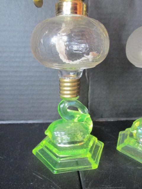 Three 2002 Heartlights Small Swan Post Uranium Glass Oil Lamps