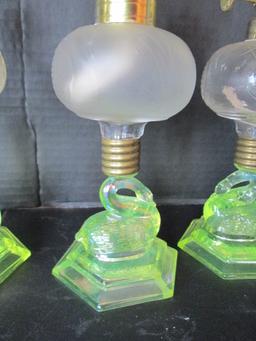 Three 2002 Heartlights Small Swan Post Uranium Glass Oil Lamps