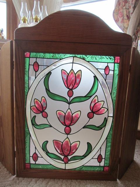 Pine Fireplace Screen with Stained Glass Style Panel