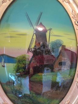 Framed Vintage Reverse Painted "Summer in Holland" on Convex Bubble Glass