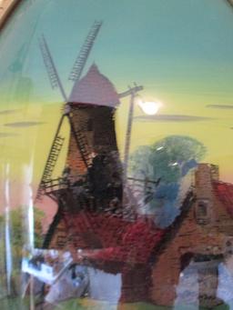 Framed Vintage Reverse Painted "Summer in Holland" on Convex Bubble Glass