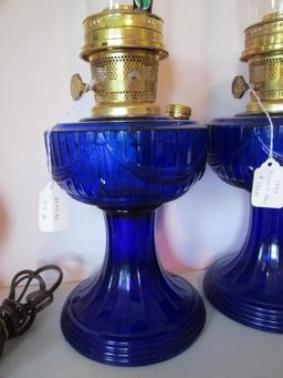 1995 and 1998 Aladdin Cobalt Blue Lincoln Drape Lamps with Lock-On Chimneys