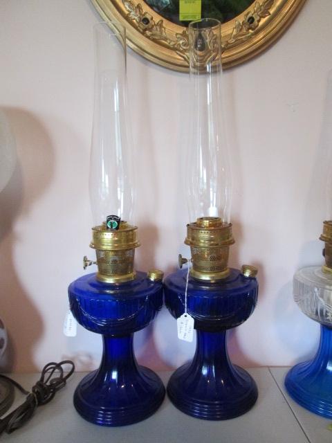 1995 and 1998 Aladdin Cobalt Blue Lincoln Drape Lamps with Lock-On Chimneys