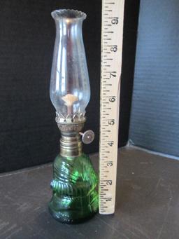 Pair of Small White Owl Oil Lamps and Green General George Washington Oil Lamp