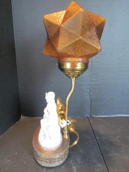 Vintage Porcelain Victorian Figurine Electric Lamp with Amber Star Shade