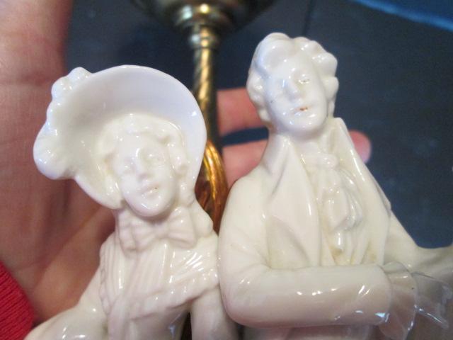 Vintage Porcelain Victorian Figurine Electric Lamp with Amber Star Shade