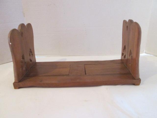 Wood Carved Expandable Book Stand and Two Wood Carved Collapsible Baskets