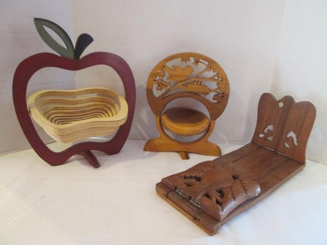 Wood Carved Expandable Book Stand and Two Wood Carved Collapsible Baskets