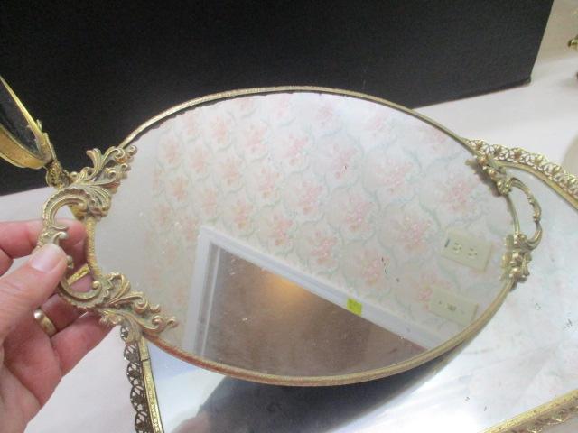 Retro Gold Tone Metal Vanity Trays, Hand Mirror, and Stand Mirror