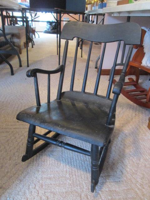 Antique Painted Black Child's Spindle Back Rocker