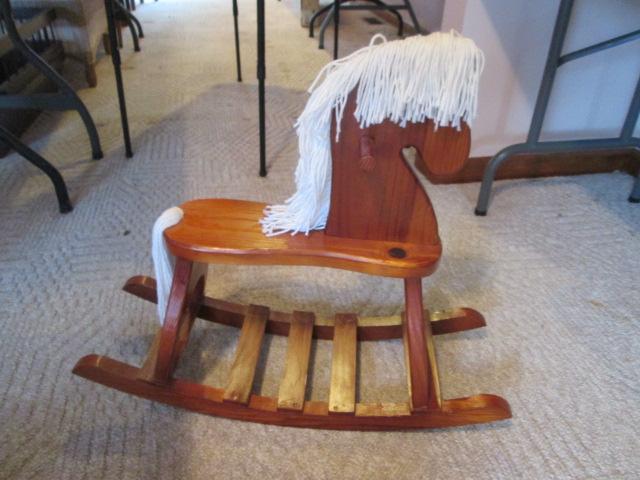 Hand Crafted Wooden Rocking Horse with Yarn Mane/Tail