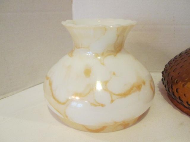 Amber Hobnail Glass Light Shade and White Glass Shade with Amber Veined Design