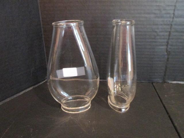 Pair of Squash Clear Glass Chimneys and Five Clear Glass Bell Shades