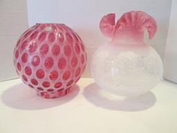 Fenton Cranberry Coin Dot Ball Shade and Frosted Shade with Cranberry Ruffle