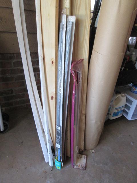 Two Metal Shelves with Contents and 8' 5/4 Deck Boards