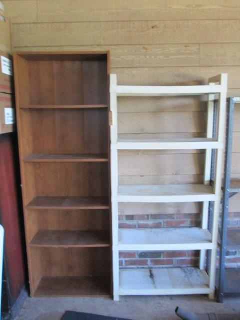 Wood/Laminate Shelf and Plastic 5 Tier Shelf and Contents