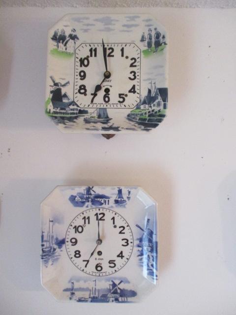 Two Square Blue and White Windmill Motif 8 Day Kitchen Clocks