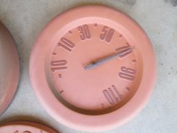 Two Terra Cotta Quartz Clocks and One Thermometer