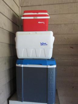 Three Coolers-Igloo 60 qt. Roller, Igloo 25 qt. Marine Cooler and GOTT 8 qt. Cooler