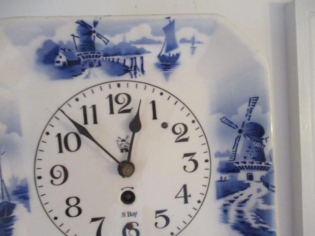 Two Square Blue and White Delft Style 8 Day Kitchen Clocks