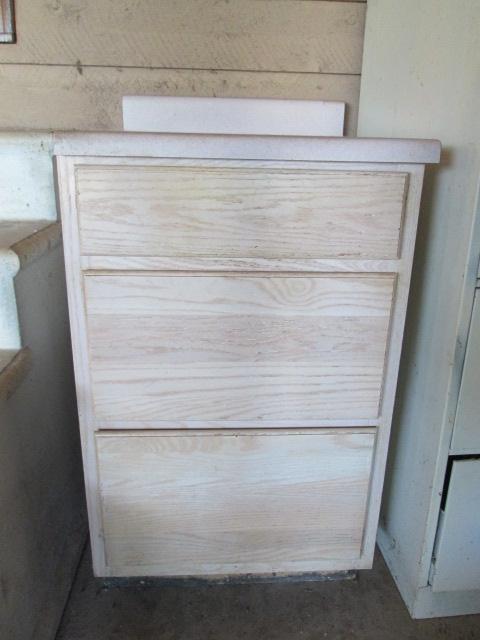 White Washed 3 Drawer Cabinet with Laminate Top and Contents