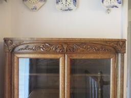 Antique Tiger Oak Curio Cabinet with Carved Wood Appliques