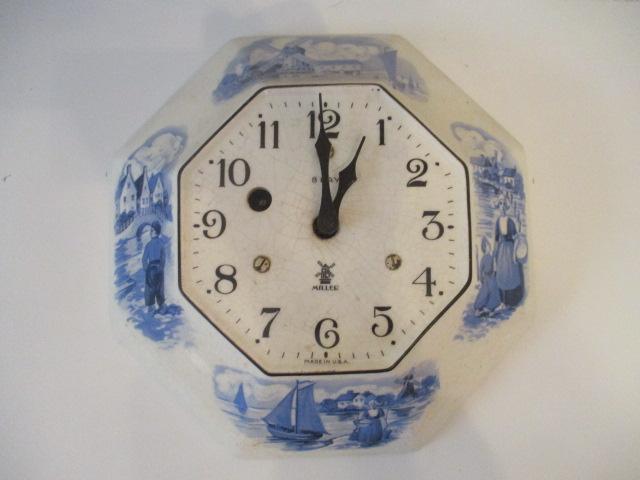 Miller and Newark Clock Co. Blue and White 8 Day Kitchen Clocks