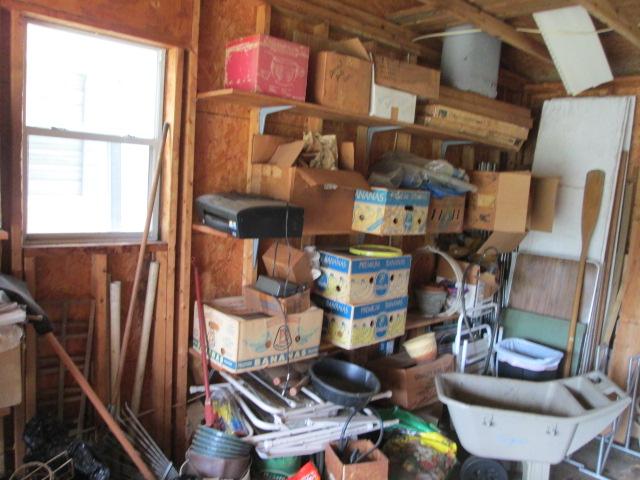 Garage Contents- Mower Parts, Gas Cans, Grill