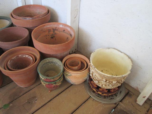 Large Grouping of Terra Cotta Pots, Light Weight Pots, Pot Saucers, Dollies and Pebbles
