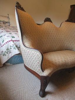 Victorian Style Settee with Carved Wood Headrest Finials