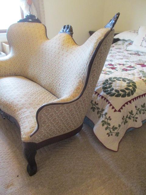 Victorian Style Settee with Carved Wood Headrest Finials