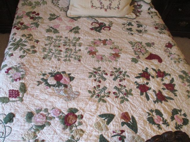 Queen Size Quilted Applique Bedspread, Three Pillow Shams, Sheet Set and Mattress Pad