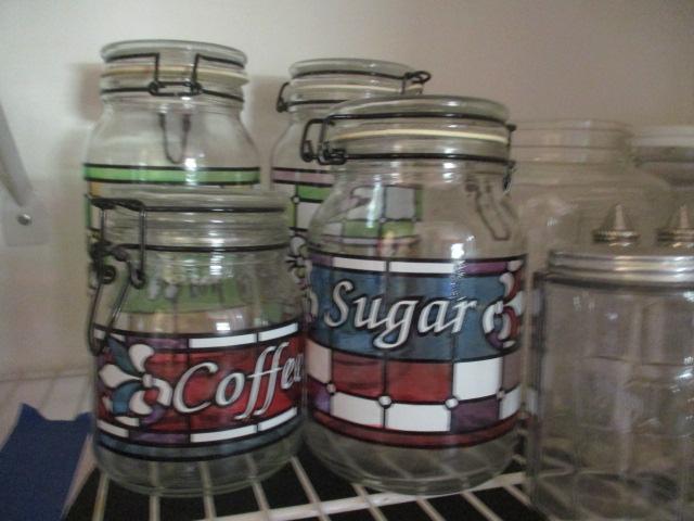 Large Grouping of Glass Cannisters, Jars, Coca-Cola Straw Holder, Tea Jar with Aluminum Lid,