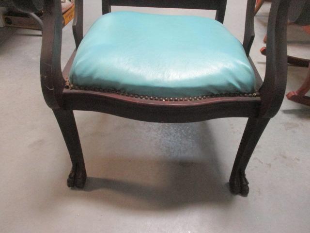 Antique Blue Leather Seat & Back Ball & Claw Feet Chair w/nailheads