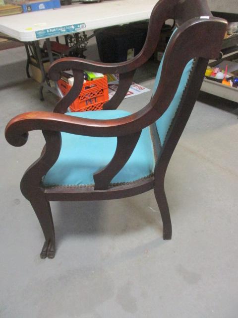 Antique Blue Leather Seat & Back Ball & Claw Feet Chair w/nailheads