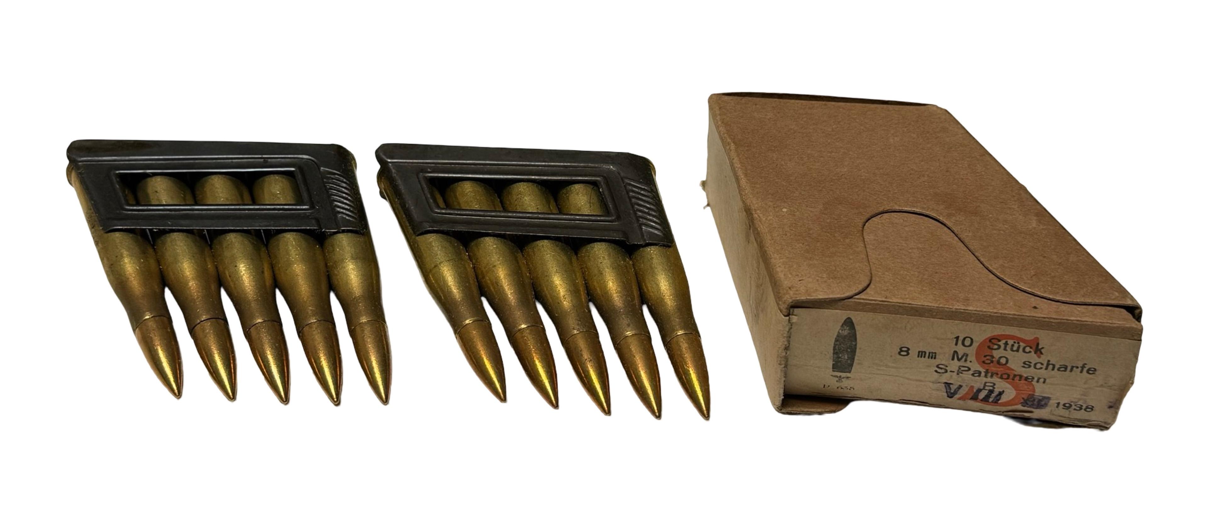 NIB 1938 Box 10rds. of Nazi marked 8mm M30 S-Patronen 8x56r for an Austrian M95