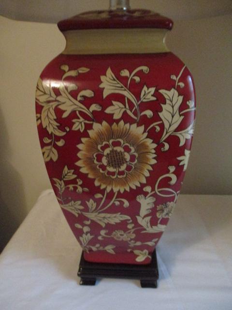 Pair of Red and Gold Floral Table Lamps