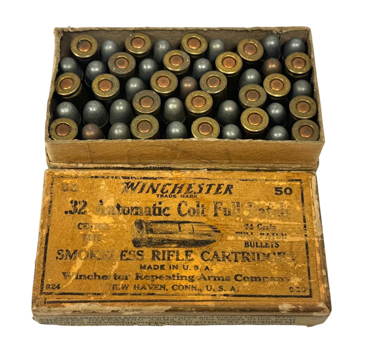 Collectible 47rds. of Winchester .32 AUTO COLT 74gr. Full Patch WRA Co. Orange Label Box Ammo