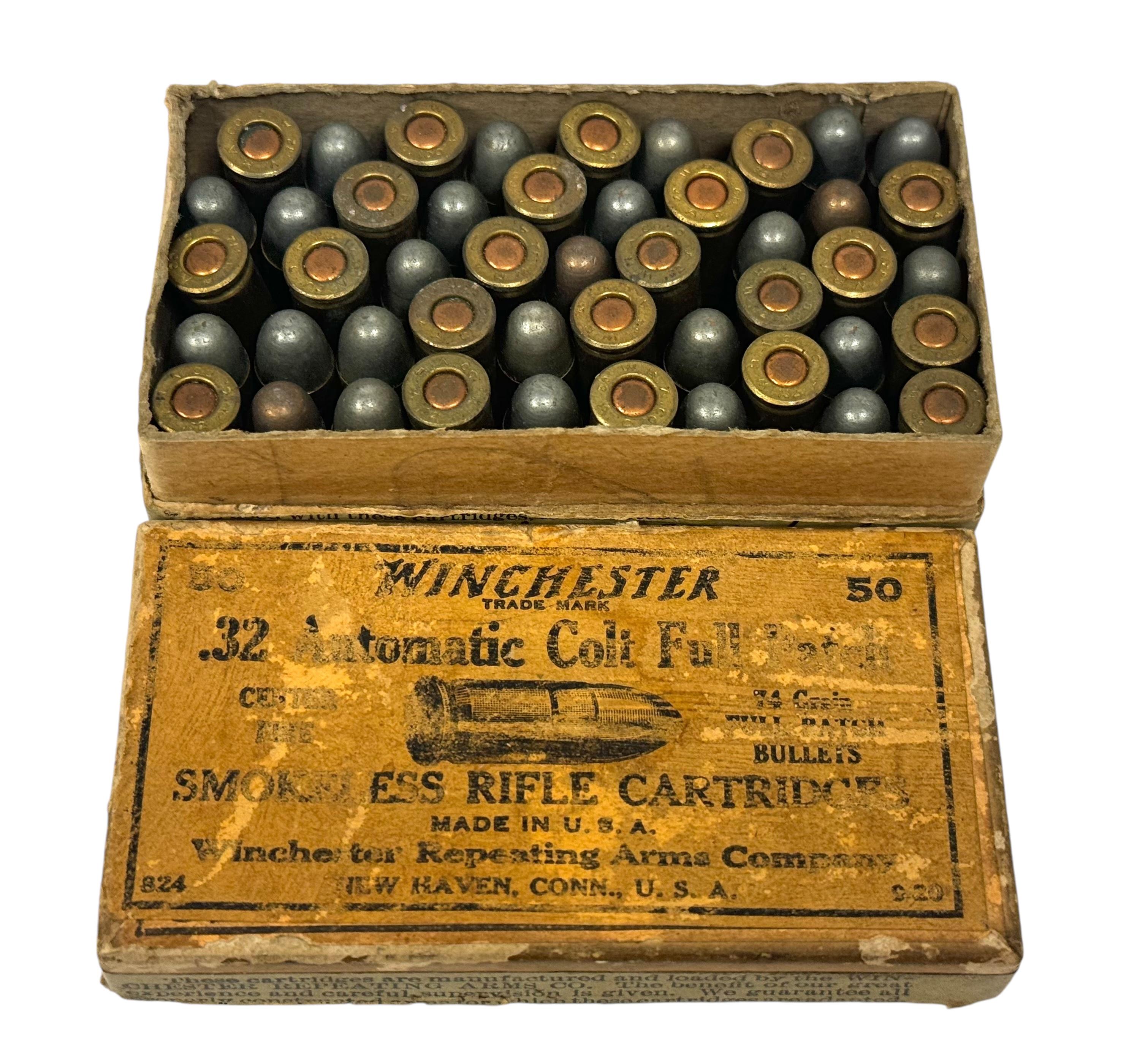 Collectible 47rds. of Winchester .32 AUTO COLT 74gr. Full Patch WRA Co. Orange Label Box Ammo
