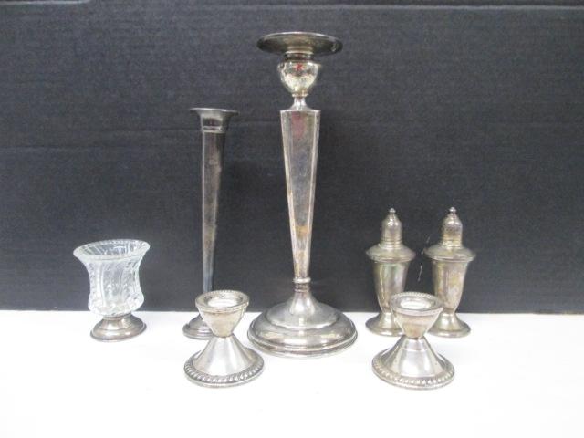 Vintage Weighted Sterling Shakers, Candlestick, Bud Vase, Candleholders and