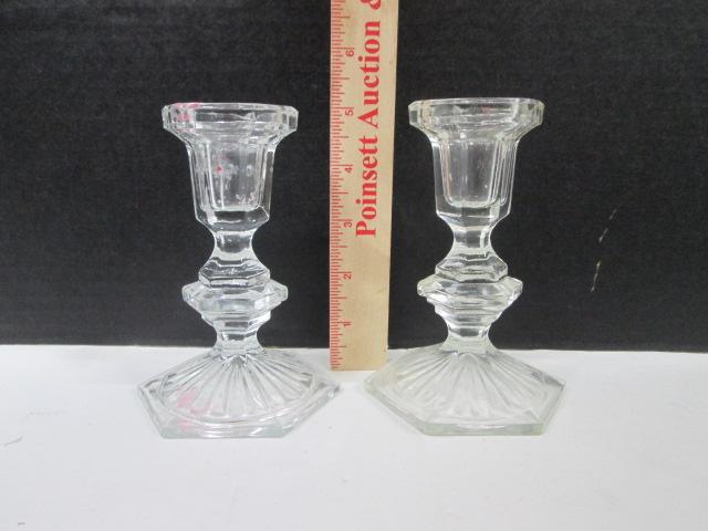 Three Pair of Clear Glass Candle Holders and Ebony Glass Candle Holder