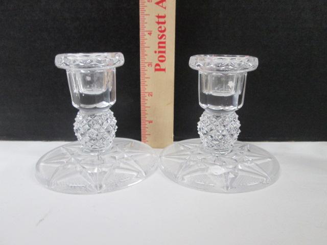 Three Pair of Clear Glass Candle Holders and Ebony Glass Candle Holder