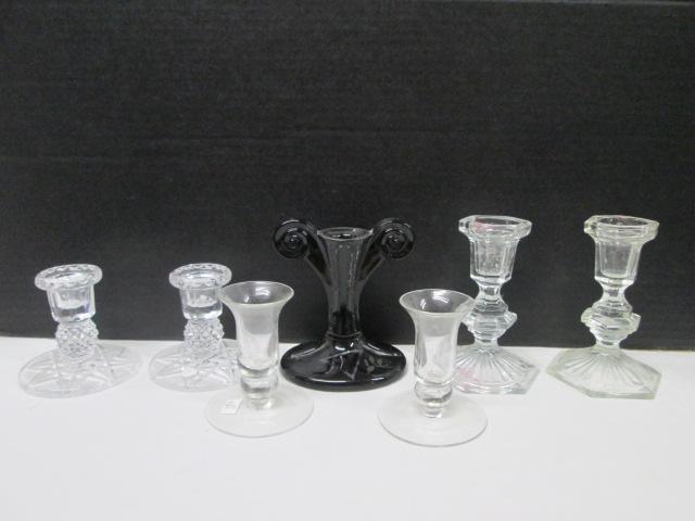 Three Pair of Clear Glass Candle Holders and Ebony Glass Candle Holder