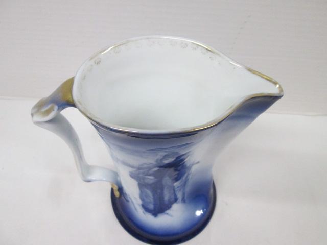 Vintage Royal Bayreuth Flow Blue Pitcher with Winter Scene