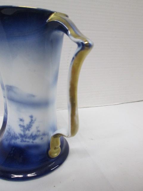 Vintage Royal Bayreuth Flow Blue Pitcher with Winter Scene