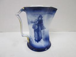 Vintage Royal Bayreuth Flow Blue Pitcher with Winter Scene